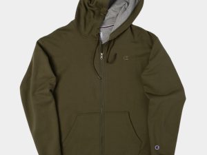 CHAMPION POWERBLEND FLEECE FULL ZIP HOODIE EMBROIDERED C LOGO (CARGO OLIVE)